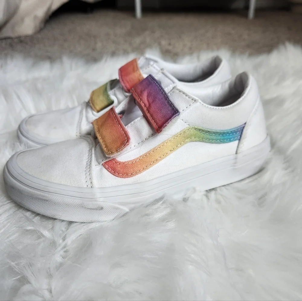 Vans Kids White Sneakers with Rainbow Straps